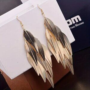 NEW Gold leaf dangle earrings, gold tassel earrings, trendy leaf gold jewelry
